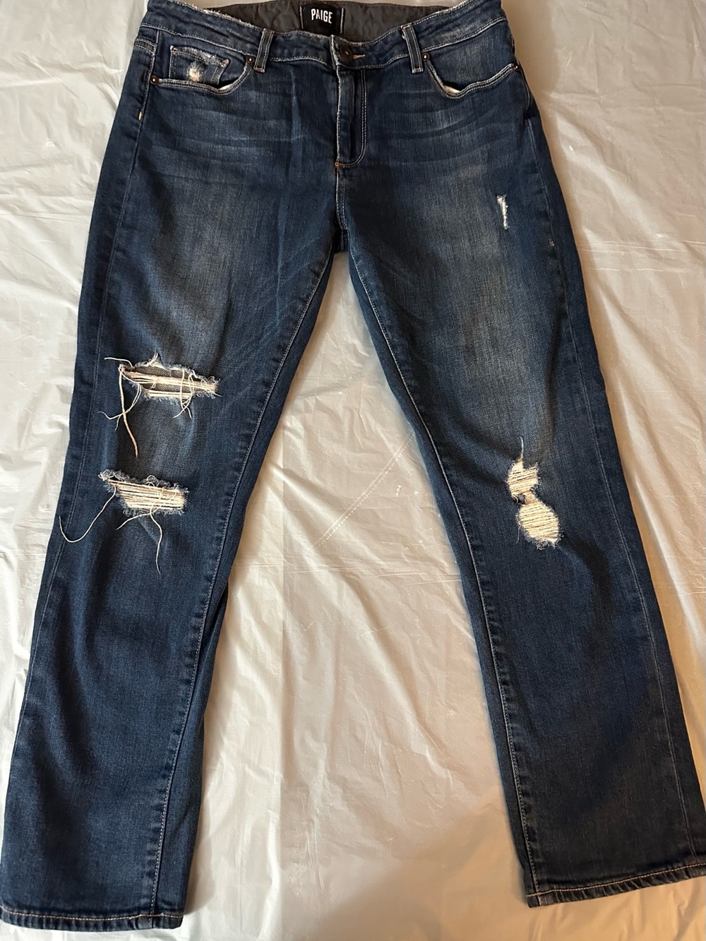 PAIGE Dark Blue Distressed Straight-Leg Jeans
